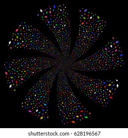 Cursor Arrow fireworks swirl rotation. Vector illustration style is flat bright multicolored iconic symbols on a black background. Object flower done from random design elements.