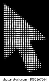Cursor arrow halftone vector icon. Illustration style is dotted iconic cursor arrow symbol on a black background. Halftone matrix is constructed of circle items.