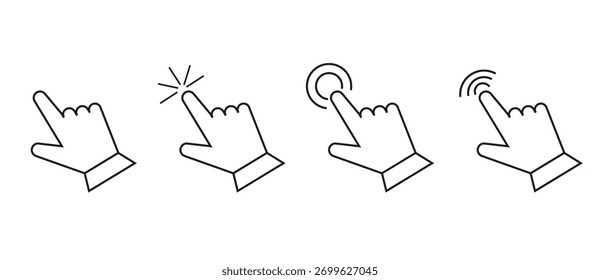 Ponteiro de mão da seta do cursor, clique aqui símbolo de carregamento do mouse. Cursor do ponteiro e ícone de carregamento. Ícones de cursores clique em definir. Símbolo de tela sensível ao toque, sinal de ponteiro e símbolo.