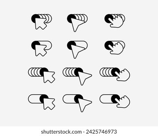 Cursor flecha mano deslizar hacia la izquierda y derecha vector icono conjunto. Diseño plano básico puntero del ratón haga clic en la ilustración. Toque o toque el símbolo de la pantalla táctil.