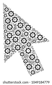 Cursor Arrow mosaic of gear components. Vector cogwheel pictograms are united into cursor arrow pattern.