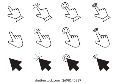 Ponteiro de seta do cursor, clique aqui símbolo de carregamento do mouse. Cursor do ponteiro e ícone de carregamento. Ícones de cursores clique em definir. Símbolo de tela sensível ao toque, sinal de ponteiro e símbolo.