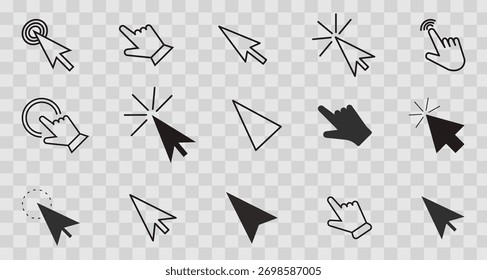 Ponteiro de seta do cursor, clique aqui símbolo de carregamento do mouse. Cursor do ponteiro e ícone de carregamento. Ícones de cursores clique em definir. Símbolo de tela sensível ao toque, sinal de ponteiro e símbolo.