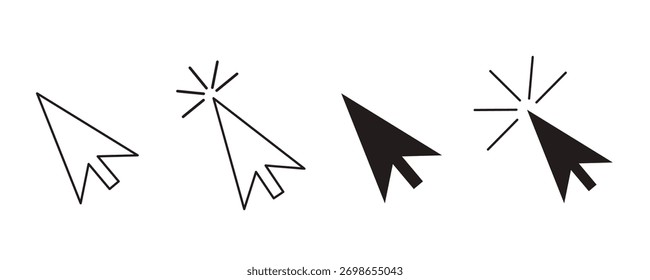 Ponteiro de seta do cursor, clique aqui símbolo de carregamento do mouse. Cursor do ponteiro e ícone de carregamento. Ícones de cursores clique em definir. Símbolo de tela sensível ao toque, sinal de ponteiro e símbolo.