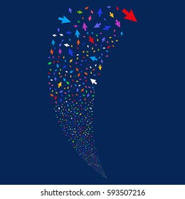 Cursor Arrow random fireworks stream. Vector illustration style is flat bright multicolored iconic symbols on a blue background. Object fountain combined from scattered symbols.