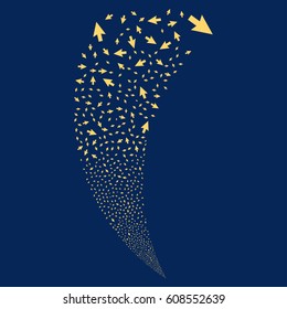 Cursor Arrow random fireworks stream. Vector illustration style is flat yellow iconic symbols on a blue background. Object fountain constructed from scattered design elements.