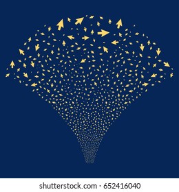 Cursor Arrow salute stream. Vector illustration style is flat yellow iconic symbols on a blue background. Object source fountain constructed from random icons.