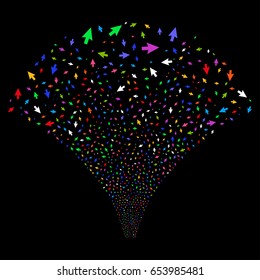 Cursor Arrow salute stream. Vector illustration style is flat bright multicolored iconic symbols on a black background. Object fireworks fountain made from random design elements.