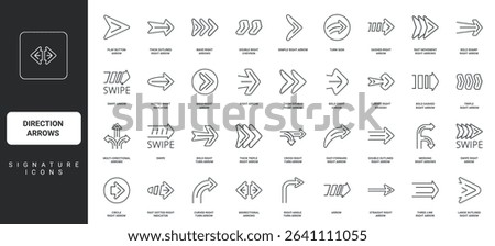 Cursor of arrow shape to click, modern traffic turn signs thin black symbols vector illustration. Direction arrows, direction pointer to right and forward, straight and curved line icon set.