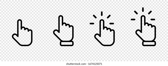 Cursor click collection. Cursor computer mouses, isolated on transparent background. Clicking cursor vector icons. Pointing hand clicks. Vector illustration.