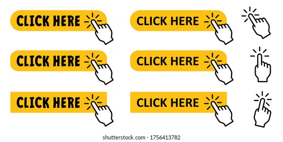 cursor, click here internet button with hand pointer clicking icons Buy pictogram order Self service Online Shop Website page symbol pc mouse cursors Arrow pixel points Web label icon Finger touch