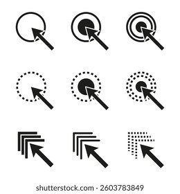 Cursor click icon. Arrow pointer graphic. Circular selection symbol. Navigation vector.