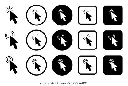 Cursor. Click icon. Clicking cursor or pointer icon. Arrow icons set and loading icons. Click mouse cursor icons. Vector illustration