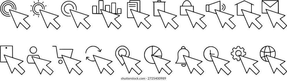 Cursor click icon set. Including user interaction with interface element in outline style. Vector illustration.