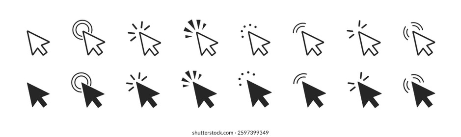 Cursor click icon. Set of mouse click cursor arrow icons. Pointer cursor сomputer mouse icon