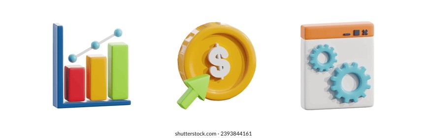 cursor click on dollar coin or money donate. Pay per click. Business Growth graph Chart. Webpage Browser Setting or system update. 3D Icon illustration set vector concept Isolate on white background