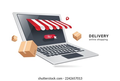 cursor click on the red buy icon located on the computer laptop store or shop and a parcel boxes or cardboard boxes flew out after confirm the order,vector 3d for delivery and online shopping concept