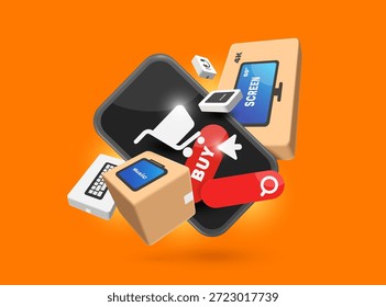 Cursor clique no botão vermelho comprar abaixo do ícone do carrinho de compras, e inúmeras caixas de produtos voam no ar ao redor do telefone celular, vetor 3d para compras on-line, E commerce banner publicidade design