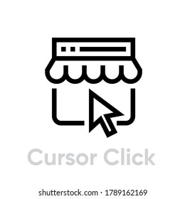 Cursor Click Online Shop icon. Editable line vector. Browser program window with awning, online store and arrow symbol. Single pictogram.