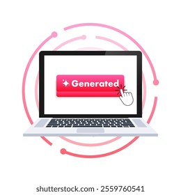 Cursor clicking generated button on laptop screen with modern pink graphics