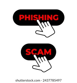 El cursor está haciendo clic en el botón con texto de phishing y estafa. Peligro y amenaza de enlace malicioso en el ciberespacio e internet. Ilustración vectorial aislada en blanco	