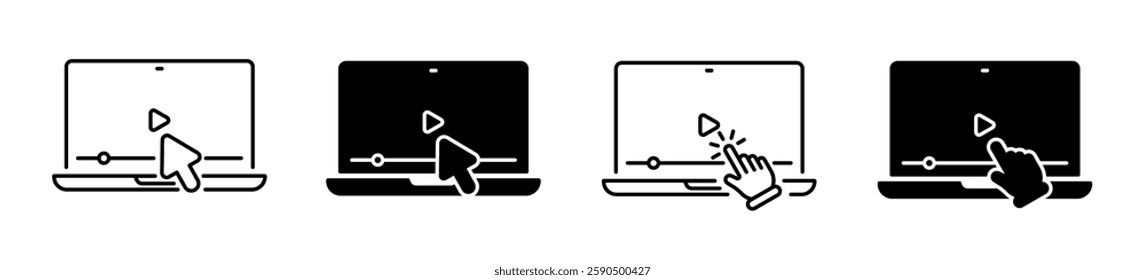 Cursor clicking play button.  Video play button on device screen. Media player. Video player button. Pointer cursor with device