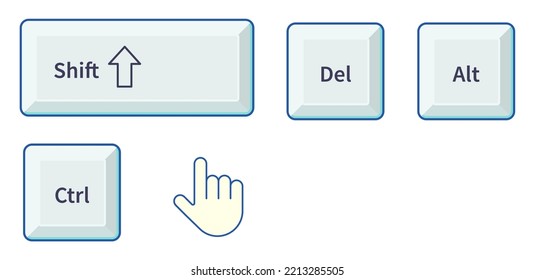 Cursor and computer buttons, isolated icons of shift and arrow up, del and alt, ctrl. Commands in windows, interface and simple design with hand pointing finger. Application vector in flat style