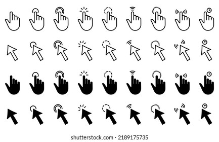 Cursor Computer Pointer Line and Silhouette Icon Set. Arrow and Hand with Finger Digital Mouse Click. Internet Website App Press Tap Link Choice Button Interface. Isolated Vector Illustration.