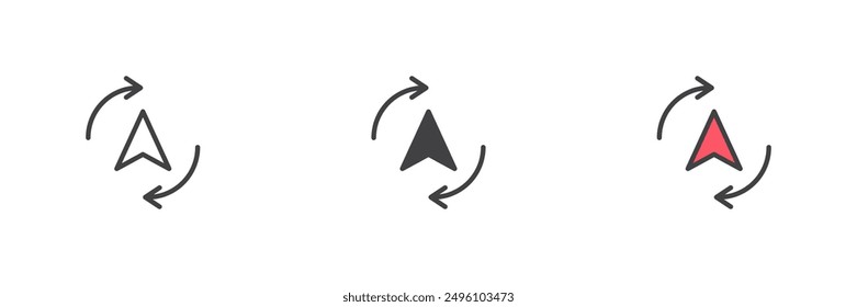 Cursor with cycling arrows different style icon set. Line, glyph and filled outline colorful version, outline and filled vector sign. Update route symbol, logo illustration. Vector graphics
