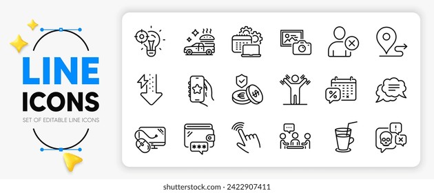 Cursor, Discounts calendar and Delete user line icons set for app include Software, Text message, Photo camera outline thin icon. Dumbbells workout, Energy drops, Favorite app pictogram icon. Vector