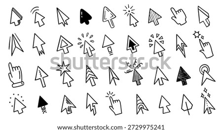 Cursor doodle arrows. Hand drawn mouse pointer and hand click symbols for UI navigation, subscribe button hover. Drag and drop tools, finger selection indicator vector sketch isolated set.