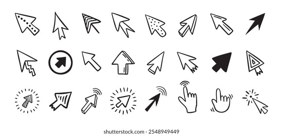 Cursor doodle icon set. Click cursor hand drawn set. Isolated mouse cursor . Vector illustration