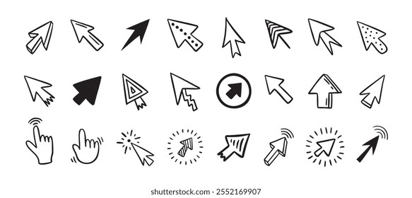 Conjunto de iconos de doodle de cursor. Hacer clic cursor dibujado a mano conjunto. Cursor de ratón aislado . Ilustración vectorial