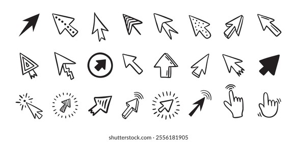 Cursor doodle icon set. Click cursor hand drawn set. Isolated mouse cursor . Vector illustration