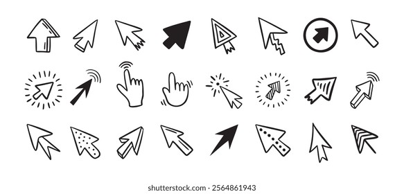 Cursor doodle icon set. Click cursor hand drawn set. Isolated mouse cursor . Vector illustration