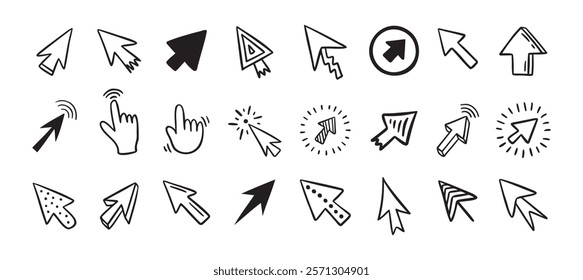 Cursor doodle icon set. Click cursor hand drawn set. Isolated mouse cursor . Vector illustration