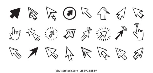 Cursor doodle icon set. Click cursor hand drawn set. Isolated mouse cursor . Vector illustration