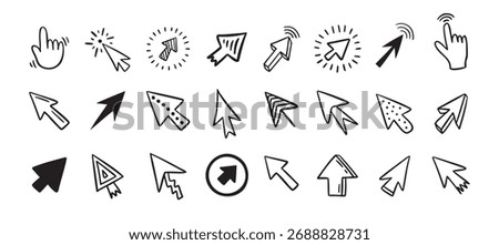 Cursor doodle icon set. Click cursor hand drawn set. Isolated mouse cursor . Vector illustration