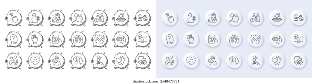 Zeilensymbole "Cursor", "Mitarbeiter" und "Bezahlung". Weiße Pin 3D-Tasten, Chat Blasen Symbole. Pack of Leadership, Ingenieur, Online-Abstimmung Symbol. Stern, Herz halten, Lohn-Piktogramm. Vektorgrafik