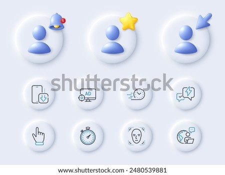 Cursor, Fast delivery and Phone download line icons. Placeholder with 3d cursor, bell, star. Pack of Seo adblock, Outsource work, Timer icon. Face detection, Lightning bolt pictogram. Vector
