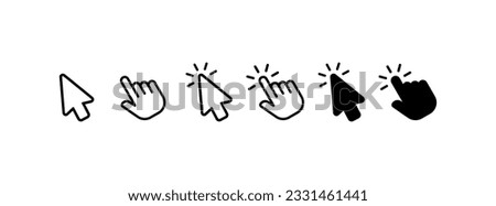 Cursor. Flat, black, computer pointer, hover and click. Vector icons.