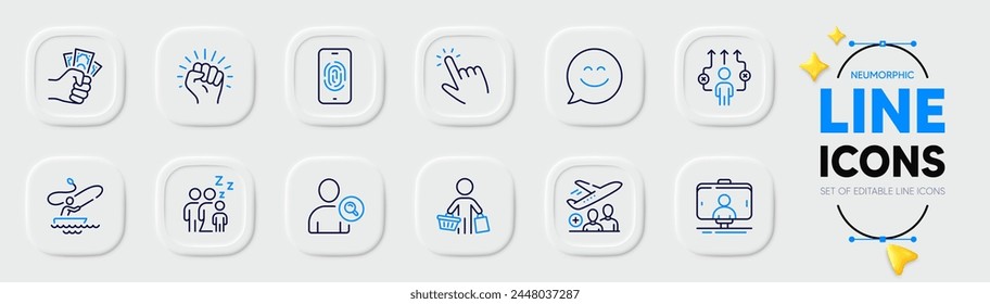 Cursor, Fraude y Pasajero iconos de línea para Web App. Paquete de huellas dactilares, pesca en barco, iconos de pictogramas de Empower. Dormir, Sonreír, Charlar, Señales de Business Way. Comprador, Encontrar usuario, Selfie stick. Vector