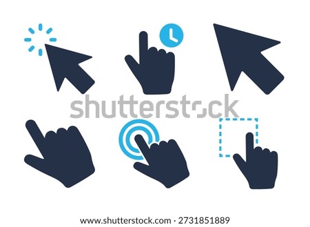 Cursor Gestures and Clicks icon set. Solid glyph series icons
