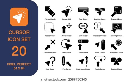 Cursor Glyph Icon Set. Cursor Click, Pointer Classic, Resize Cursor. Pixel Perfect. High Quality	