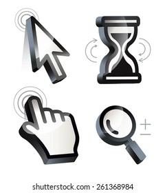 Cursor. Hand, arrow, hourglass, magnifying. Black and white vector illustration. Conceptual illustration. Isolated on white background