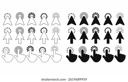 Cursor and hand click icons with click effects in outline and solid style. Perfect for UI, UX, website navigation, button action, and digital interaction design.