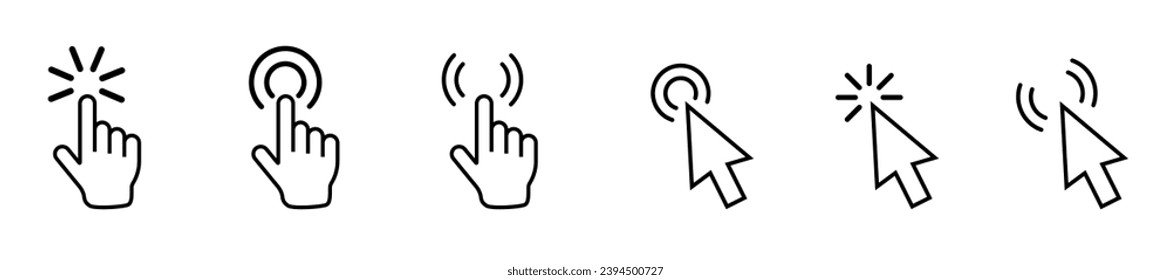 Cursor. Hand clicking icon. Click icon. Clicking cursor or pointer icon. Arrow icons set and loading icons. Click mouse cursor icons. Vector illustration