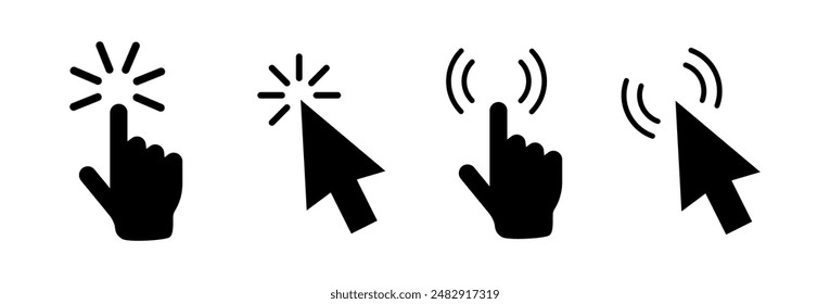 Cursor. Hand clicking icon. Click icon. Clicking cursor or pointer icon. Arrow icons set and loading icons. Click mouse cursor icons. Vector illustration