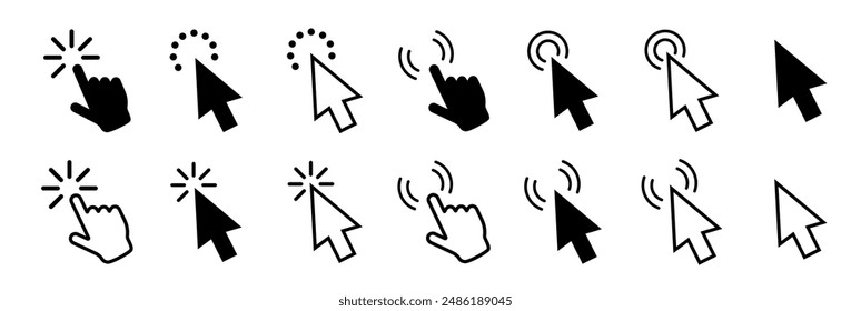 Cursor. Hand clicking icon. Click icon. Clicking cursor or pointer icon. Arrow icons set and loading icons. Click mouse cursor icons. Vector illustration