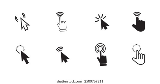 Cursor. Hand clicking icon. Click icon. Clicking cursor or pointer icon. Arrow icons set and loading icons. Click mouse cursor icons. Vector illustration